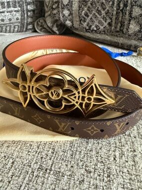 Louis Vuitton Brown Monogram Belt with Gold Floral LV Buckle